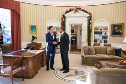 Nov. 29, 2012
"There is closure in this photograph. I suspect that neither man really wanted to have lunch with the other, but they both knew the importance for the American people in seeing them do so. Here, the President bids farewell to former Massachusetts Gov. Mitt Romney following their lunch."

This official White House photograph is being made available only for publication by news organizations and/or for personal use printing by the subject(s) of the photograph. The photograph may not be manipulated in any way and may not be used in commercial or political materials, advertisements, emails, products, promotions that in any way suggests approval or endorsement of the President, the First Family, or the White House.