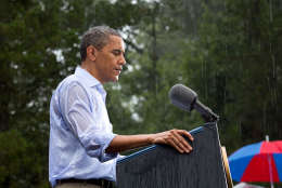 July 14, 2012
"The President delivers remarks in the pouring rain at a campaign event in Glen Allen, Va. He was supposed to do a series of press interviews inside before his speech, but since people had been waiting for hours in the rain he did his remarks as soon as he arrived onsite so people."
 (Official White House Photo by Pete Souza)

This official White House photograph is being made available only for publication by news organizations and/or for personal use printing by the subject(s) of the photograph. The photograph may not be manipulated in any way and may not be used in commercial or political materials, advertisements, emails, products, promotions that in any way suggests approval or endorsement of the President, the First Family, or the White House.Ê