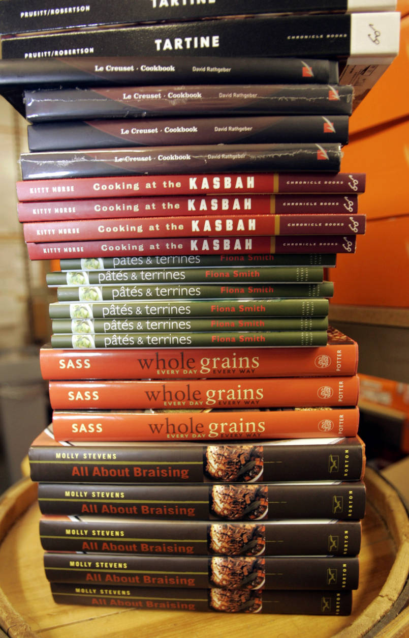 A stack of cookbooks is seen at the Le Creuset company store in a mall in Grove City, Pa., Friday, Sept. 5, 2008. Due to rising fuel and food costs, more people are cooking meals at home rather than eating out, a growing trend that has helped boost sales of cookbooks, according to recent surveys. (AP Photo/Keith Srakocic)