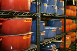 **FOR USE WITH AP LIFESTYLES**    Stacks of colorful Dutch ovens fill the racks at the  Le Creuset company store in Grove City, Pa., Saturday, Sept. 13, 2008. Going Dutch is making a comeback. At least, when it comes to sturdy _ and often colorful _ stockpots. The heavy cast-iron pots have been best-sellers for top-of-the-line manufacturer Le Creuset since 1925.    (AP Photo/Keith Srakocic)