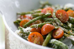 This July 18, 2011 photo shows roasted green bean and pancetta salad in Concord, N.H. For the dressing on this dish, use a splash of lemon juice and a sprinkle of Parmesan.    (AP Photo/Matthew Mead)
