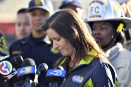 Oakland Mayor Libby Schaaf speaks to reporters after a deadly fire at a warehouse rave party in Oakland, Calif.. on Saturday, Dec. 3, 2016. (AP Photo/Josh Edelson)