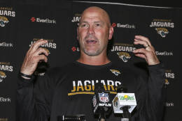 Jacksonville Jaguars head coach Gus Bradley talks to the press after losing an NFL football game to the Denver Broncos 20-10 in Jacksonville, Fla., Sunday, Dec. 4, 2016. (AP Photo/Gary McCullough)