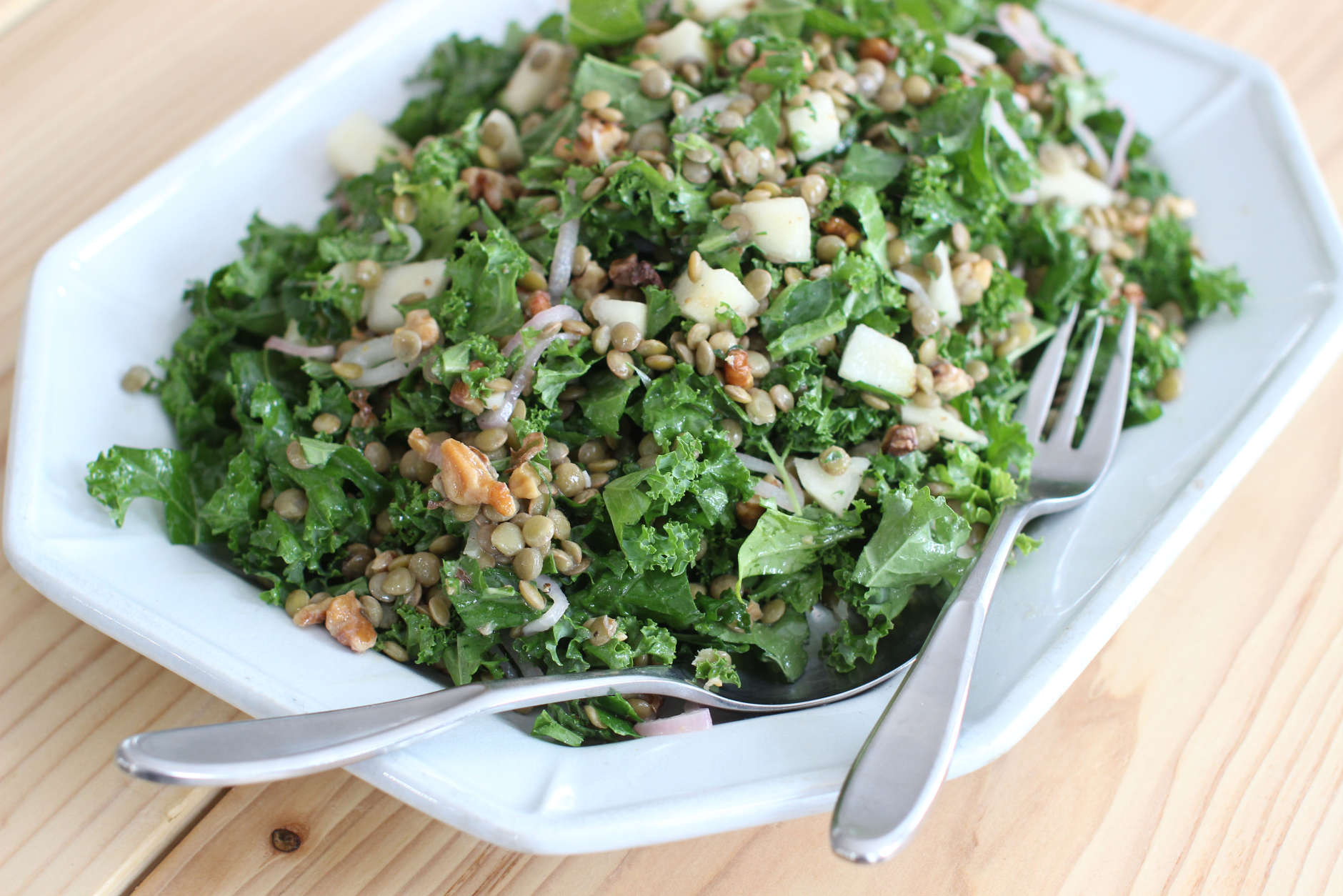 This Feb. 2, 2015, photo shows chopped kale and lentil winter salad in Concord, N.H. This winter salads manages to feel both energizing and comforting at the same time. (AP Photo/Matthew Mead)