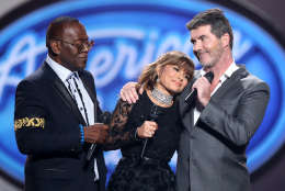 Randy Jackson, from left, Paula Abdul, and Simon Cowell speak at the "American Idol" farewell season finale at the Dolby Theatre on Thursday, April 7, 2016, in Los Angeles. (Photo by Matt Sayles/Invision/AP)