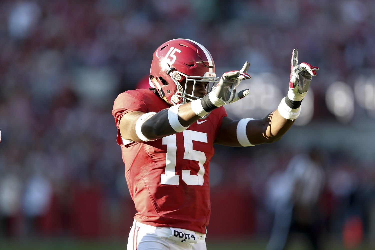 Alabama defensive back Ronnie Harrison celebrates during the first half of the Iron Bowl NCAA college football game, Saturday, Nov. 26, 2016, in Tuscaloosa, Ala. (AP Photo/Brynn Anderson)