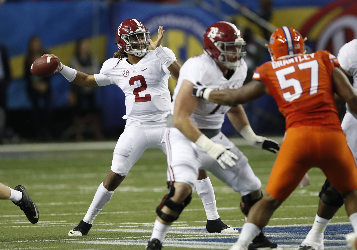 Alabama quarterback Jalen Hurts (2) works against Florida during the first half of the Southeastern Conference championship NCAA college football game, Saturday, Dec. 3, 2016, in Atlanta.(AP Photo/John Bazemore)