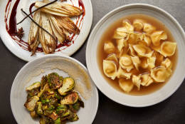 Vanilla-baked endive and pomegranate; roasted Brussels sprouts with apple marmellata; and three meat tortellini in broth on Amy Brandwein's Centrolina holiday catering menu. (Courtesy Centrolina) 