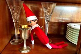 Our #elfonashelf was found sipping from the ✡️kiddish cup, says WTOP's Neal Augenstein. (WTOP/Neal Augenstein)