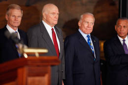 WASHINGTON, DC - NOVEMBER 16:  Astronauts (L-R) Sen. Bill Nelson (D-FL), former U.S. Senator John Glenn (D-OH), Buzz Aldrin and NASA Administrator Charles Bolden participate in the Congressional Gold Medal ceremony in the Rotunda of the U.S. Capitol November 16, 2011 in Washington, DC. The gold medals were presented to Glenn, the first American to orbit the Earth; and Neil Armstrong, Michael Collins and Buzz Aldrin, the crew of the Apollo 11 mission to the moon.  (Photo by Chip Somodevilla/Getty Images)