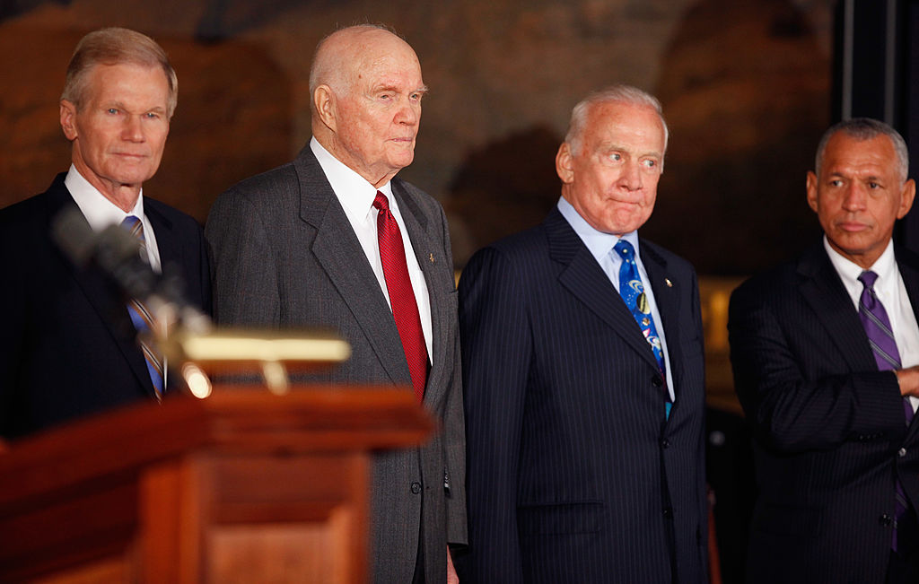 WASHINGTON, DC - NOVEMBER 16:  Astronauts (L-R) Sen. Bill Nelson (D-FL), former U.S. Senator John Glenn (D-OH), Buzz Aldrin and NASA Administrator Charles Bolden participate in the Congressional Gold Medal ceremony in the Rotunda of the U.S. Capitol November 16, 2011 in Washington, DC. The gold medals were presented to Glenn, the first American to orbit the Earth; and Neil Armstrong, Michael Collins and Buzz Aldrin, the crew of the Apollo 11 mission to the moon.  (Photo by Chip Somodevilla/Getty Images)