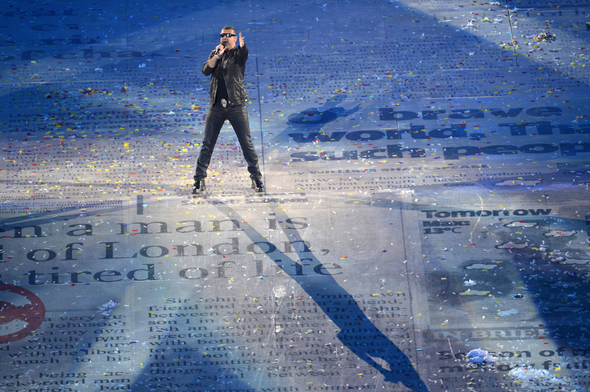 LONDON, ENGLAND - AUGUST 12:  Global artist George Michael performs during the Closing Ceremony on Day 16 of the London 2012 Olympic Games at Olympic Stadium on August 12, 2012 in London, England.  (Photo by Stu Forster/Getty Images)