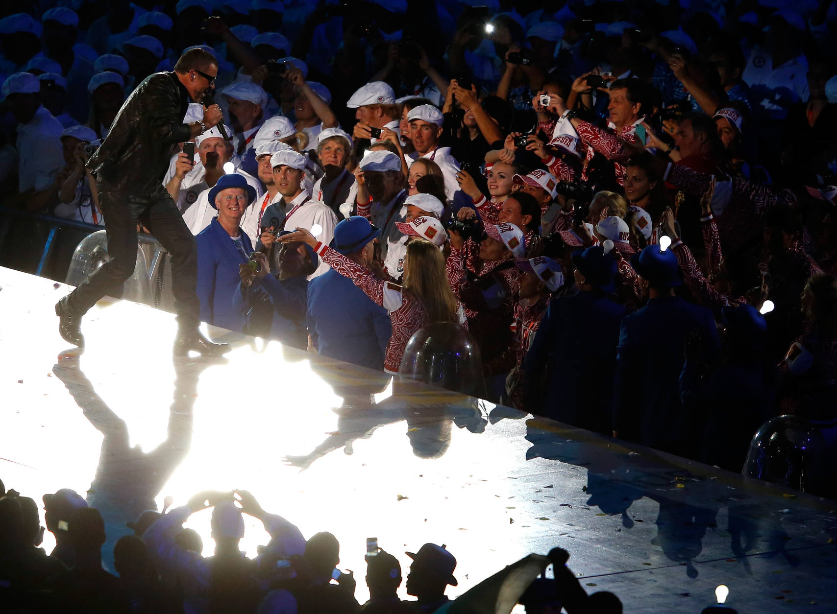 LONDON, ENGLAND - AUGUST 12:  George Michael performs during the Closing Ceremony on Day 16 of the London 2012 Olympic Games at Olympic Stadium on August 12, 2012 in London, England.  (Photo by Jamie Squire/Getty Images)