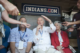 CLEVELAND, OH - AUGUST 26: Astronaut and former Ohio Senator John Glenn talks to members of the media prior to the game between the Cleveland Indians and the New York Yankees at Progressive Field on August 26, 2012 in Cleveland, Ohio. (Photo by Jason Miller/Getty Images)