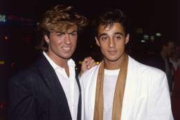 1984:  British singer songwriter George Michael, lead singer of the pop group Wham!, with the group's guitarist Andrew Ridgeley at the film premiere of the hit 'Dune'.  (Photo by Hulton Archive/Getty Images)