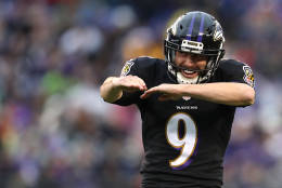 BALTIMORE, MD - DECEMBER 18: Kicker Justin Tucker #9 of the Baltimore Ravens celebrates after kicking a second quarter field goal against the Philadelphia Eagles at M&amp;T Bank Stadium on December 18, 2016 in Baltimore, Maryland. (Photo by Patrick Smith/Getty Images)