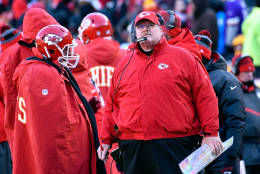 KANSAS CITY, MO - DECEMBER 18:  Head coach Andy Reid of the Kansas City Chiefs watches the scoreboard during the game against the Tennessee Titans at Arrowhead Stadium on December 18, 2016 in Kansas City, Missouri.  (Photo by Reed Hoffmann/Getty Images)