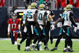 HOUSTON, TX - DECEMBER 18:  Brock Osweiler #17 of the Houston Texans reacts after throwing an interception  in  the second quarter against the Jacksonville Jaguars at NRG Stadium on December 18, 2016 in Houston, Texas.  (Photo by Bob Levey/Getty Images)