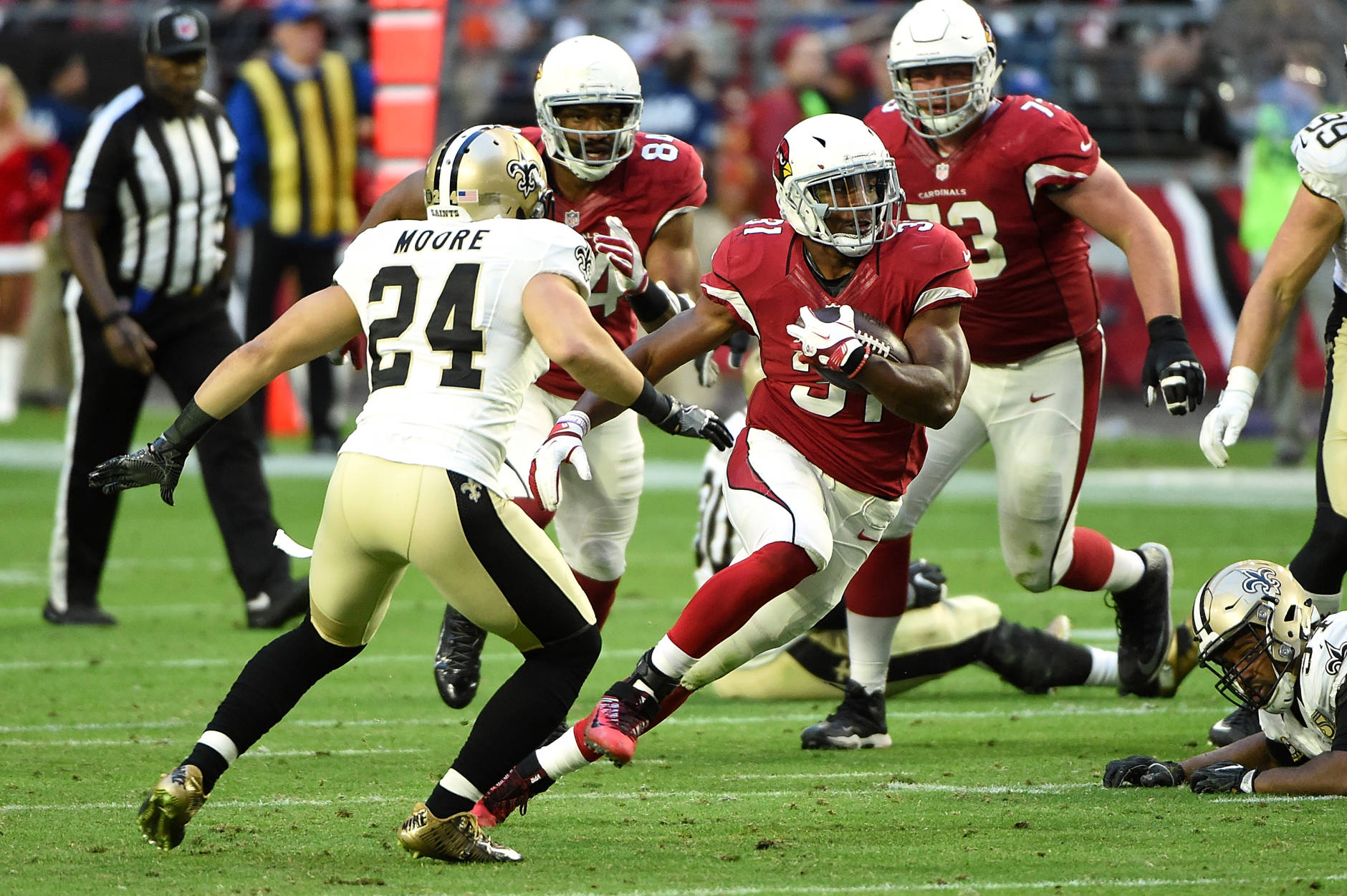 GLENDALE, AZ - DECEMBER 18:  David Johnson #31 of the Arizona Cardinals runs with the ball during the second half against the New Orleans Saints at University of Phoenix Stadium on December 18, 2016 in Glendale, Arizona. Saints won 48-41. (Photo by Norm Hall/Getty Images)