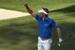 BETHESDA, MD - JUNE 26:  Billy Hurley III celebrates after chipping in for a birdie on the 15th hole during the final round of the Quicken Loans National at Congressional Country Club on June 26, 2016 in Bethesda, Maryland. (Photo by Patrick Smith/Getty Images)