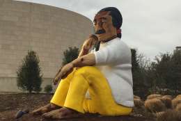 This wooden statue of Leonard Peltier at American University has roiled some members of the law enforcement community.  Peltier was convicted of killing two FBI agents but there’s been a push to advocate for his clemency. (WTOP/John Domen)
