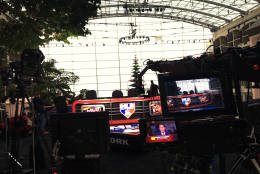 The MLB Network set looking out over the Potomac River on the media level of the hotel. (WTOP/Noah Frank)