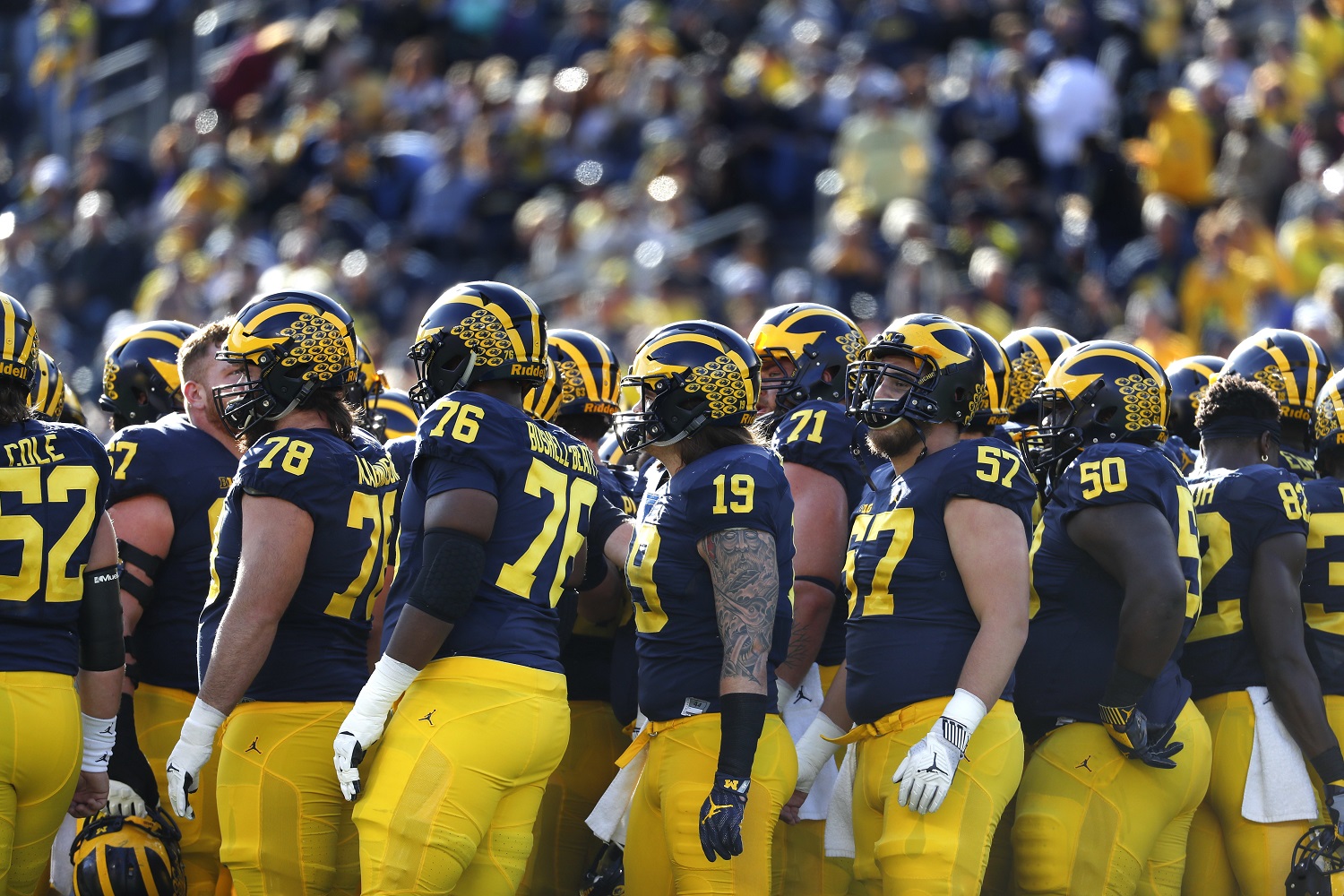Michigan Wolverines huddle during an NCAA college football game against the Maryland Terrapins in Ann Arbor, Mich., Saturday, Nov. 5, 2016. (AP Photo/Paul Sancya)