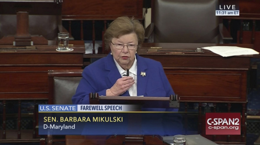 This image provided by C-SPAN2 shows Sen. Barbara Mikulski, D-Md. giving her farewell speech on the Senate floor on Capitol Hill in Washington, Wednesday, Dec. 7, 2016, after 24 years in the Senate. (C-SPAN2 via AP)