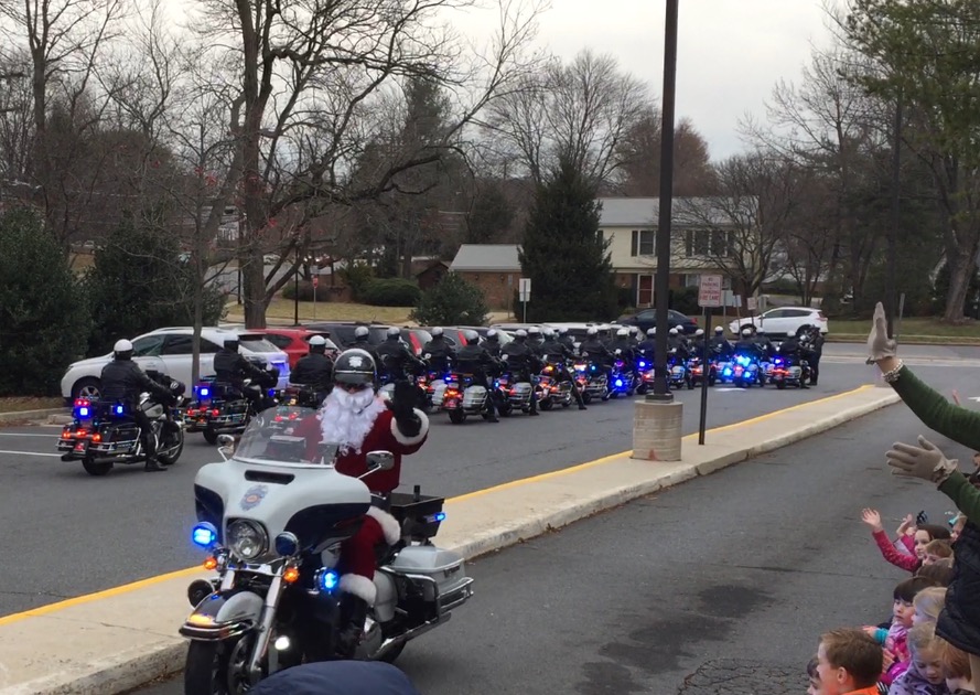 Attached is a picture taken yesterday of the Fairfax County and Vienna Police Department visiting Wolftrap students to thank them for donating toys for children in the hospital. It’s through a program called Santa’s Ride. (Courtesy Chris Bussanich)