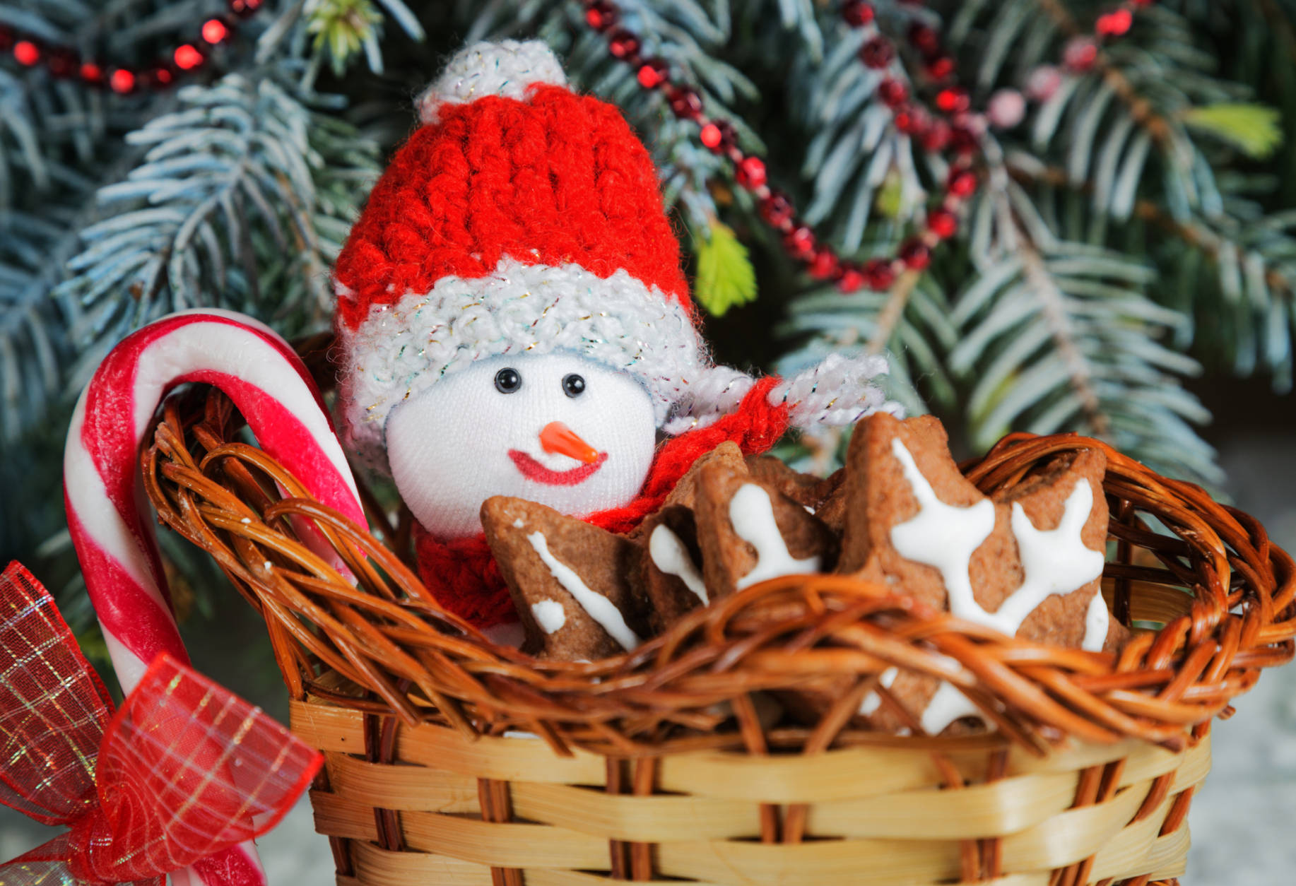 Gift basket-sleigh with cookies, candy and a toy snowman dressed in warm clothes against the background of the winter forest