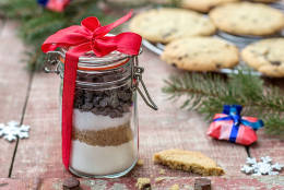 Ingredients for chocolate chip cookies in a jar