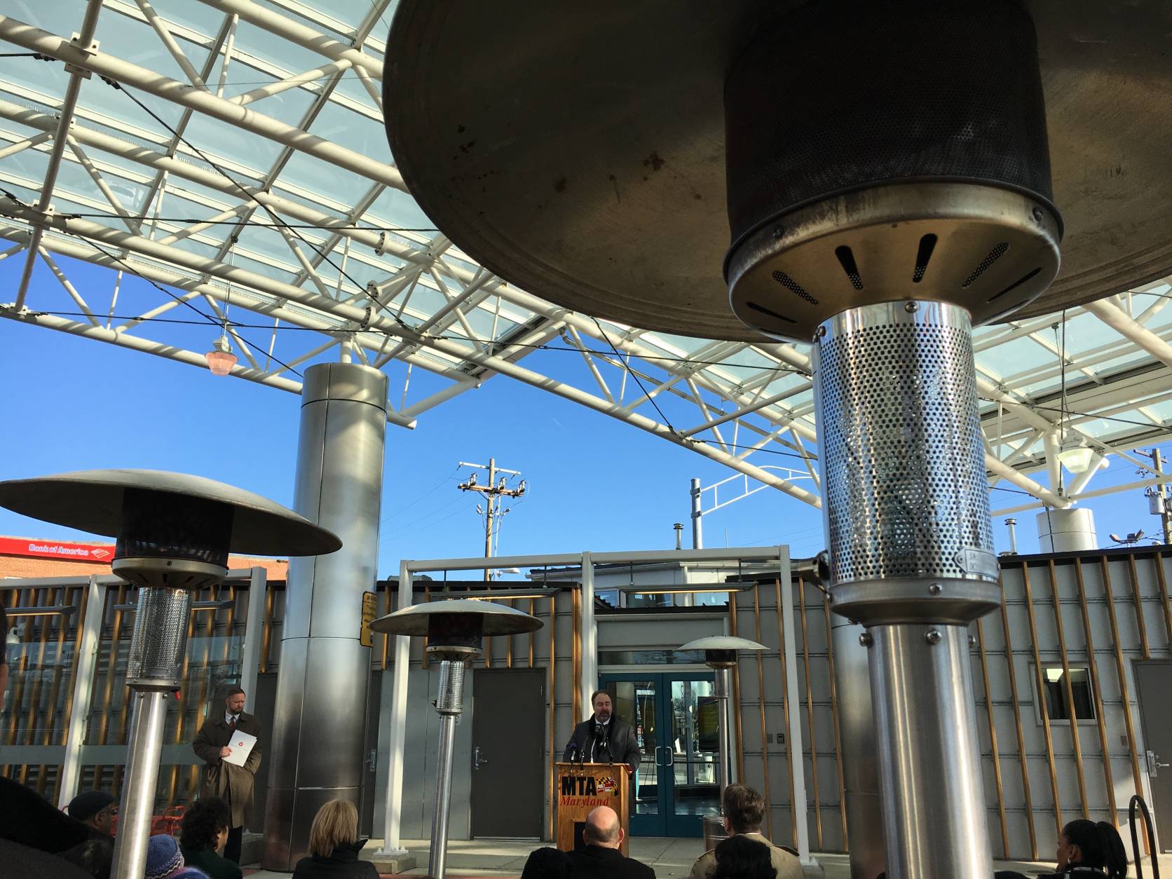 The view from under the canopy at the new Takoma-Langley Crossroads Transit Center. (WTOP/Kate Ryan)