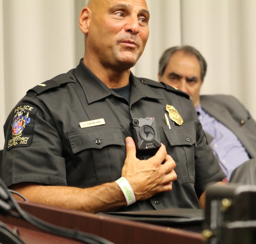 This photo shows Montgomery County police Lt. Chuck Carafano wearing a body camera. (WTOP/Kate Ryan)