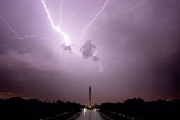 Lightning captured over the Washington Monument on Aug. 21, 2016. (WTOP/Dave Dildine)