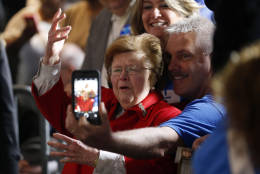 Sen. Barbara Mikulski, D-Md., poses for a selfie before a campaign event featuring Democratic presidential candidate Hillary Clinton at City Garage in Baltimore, Sunday, April 10, 2016. (AP Photo/Patrick Semansky)