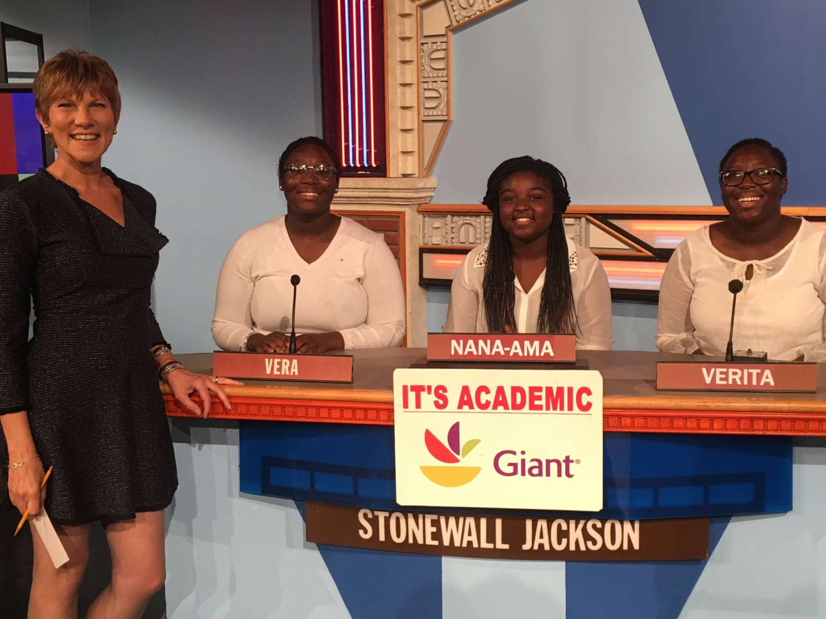On "It's Academic," Stonewall Jackson High School competes against Lake Braddock Secondary School and Montgomery Blair High School. The show airs Dec. 31, 2016. (Courtesy Facebook/It's Academic)