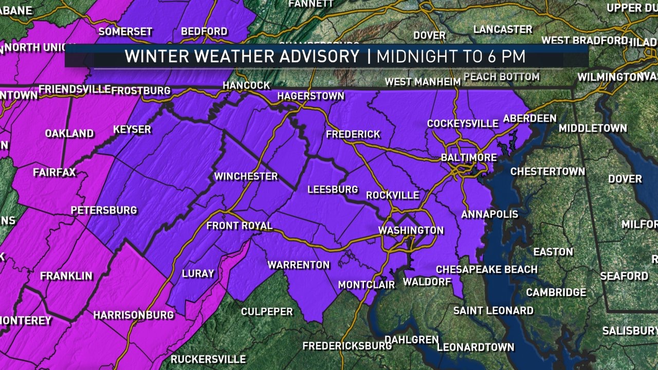 Areas in purple are under a Winter Weather Advisory. (Courtesy NBC Washington)