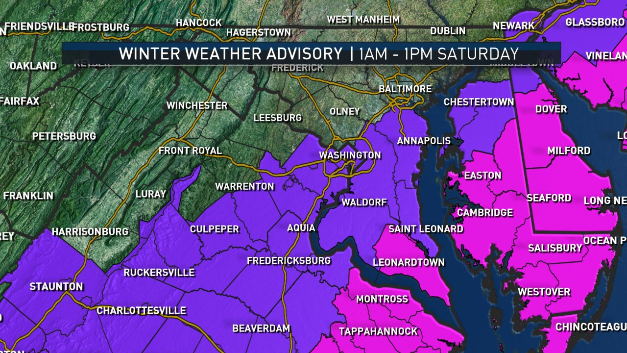 A Winter Weather Advisory, in purple, takes affect from 1 a.m. to 1 p.m. Saturday. A Winter Storm Warning is in effect for the areas marked in pink from 1 a.m. to 7 p.m. Saturday. (Courtesy NBC Washington)