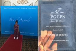 Yvonne Reyes, a first grade student at Beacon Heights Elementary School in Prince George's County,  was nominated by her Kindergarten teacher for the Spirit of Service Award at the School District's annual Board Awards. (Courtesy Daniela Bravo)