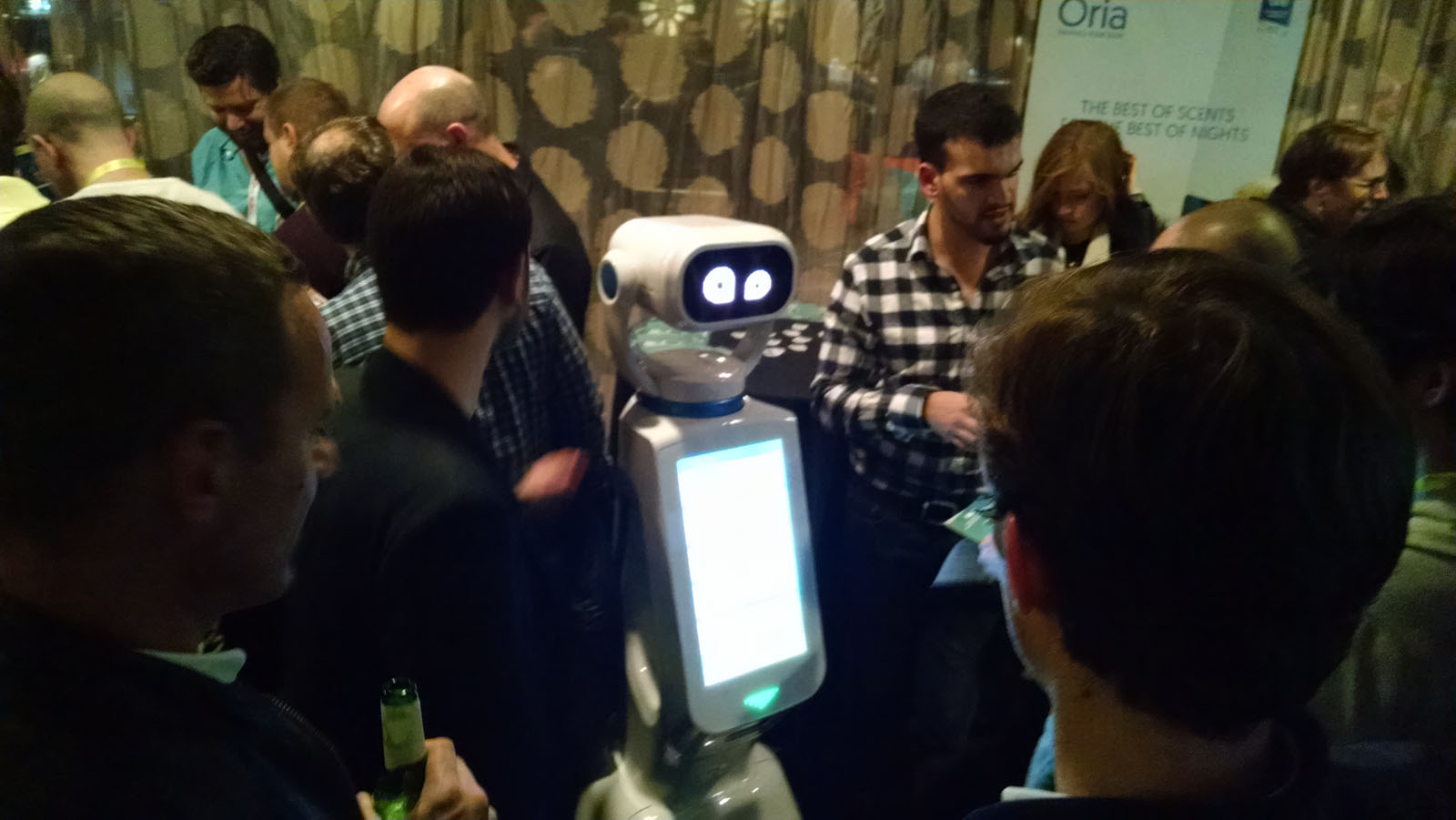 The robot Heasy, from Hease Robotics, entertains visitors at Tech.Co startup night at CES. (Steve Winter)