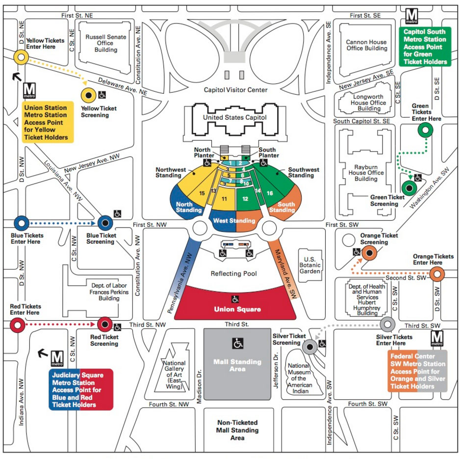 A map released by the Joint Congressional Committee on Inaugural Ceremonies indicating entrypoints for ticketholders to access the Capitol grounds. (Joint Congressional Committee on Inaugural Ceremonies)