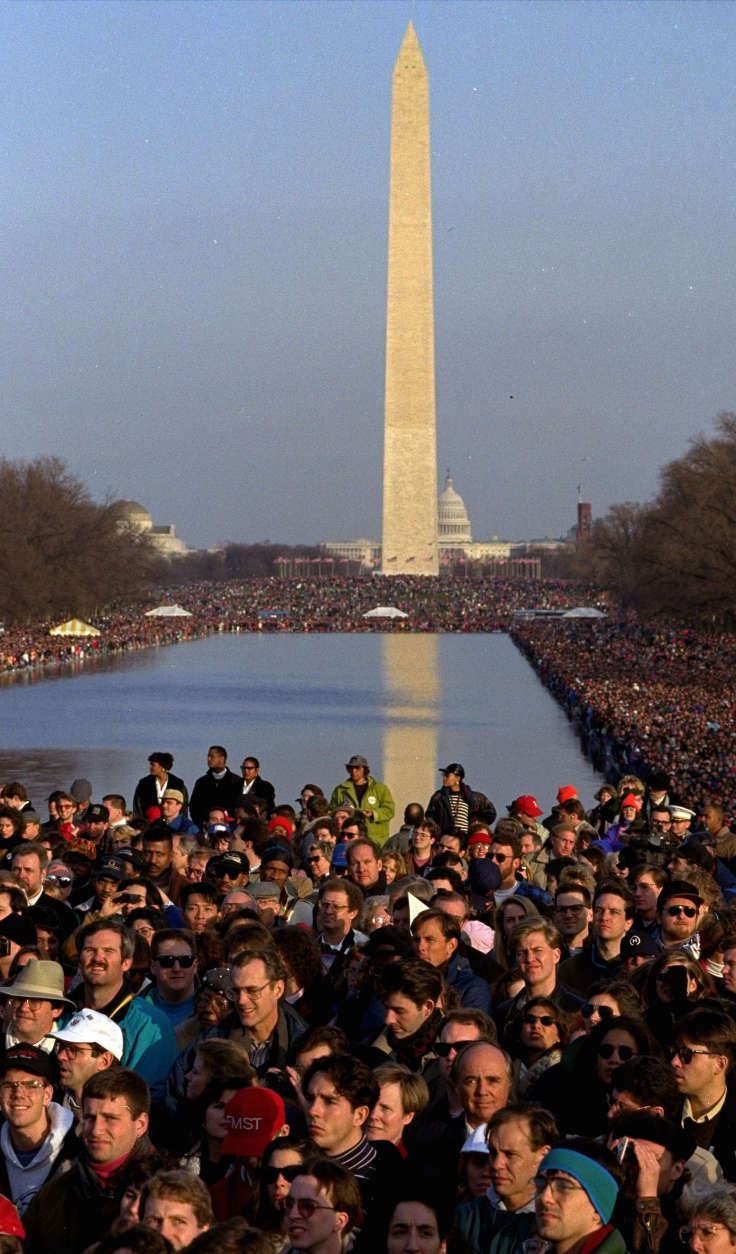 Thousands gather on the Mall Sunday to listen to a concert in front of the Lincoln Memorial and to see President-elect Clinton at the beginning of a five-day inaugural celebration culminating with Clinton's inauguration Wednesday January 17, 1993. The day, which began for Clinton in the Thomas Jefferson's home of Monticello, concluded with fireworks over the Potomac.  (AP Photo/Stephan Savoia)
