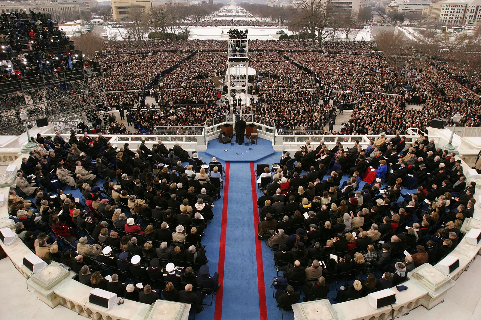 WASHINGTON - JANUARY 20:  U.S. President George W. Bush delivers his inaugural address after taking the oath of office for his second term during ceremonies on the west front of the U.S. Capitol January 20, 2005 in Washington, D.C. Bush?s address outlined his plans to pursue freedom around the world and push a legacy-setting agenda at home championing ?freedom in all the world? as the surest path to peace.  (Photo by Shaun Heasley/Getty Images)