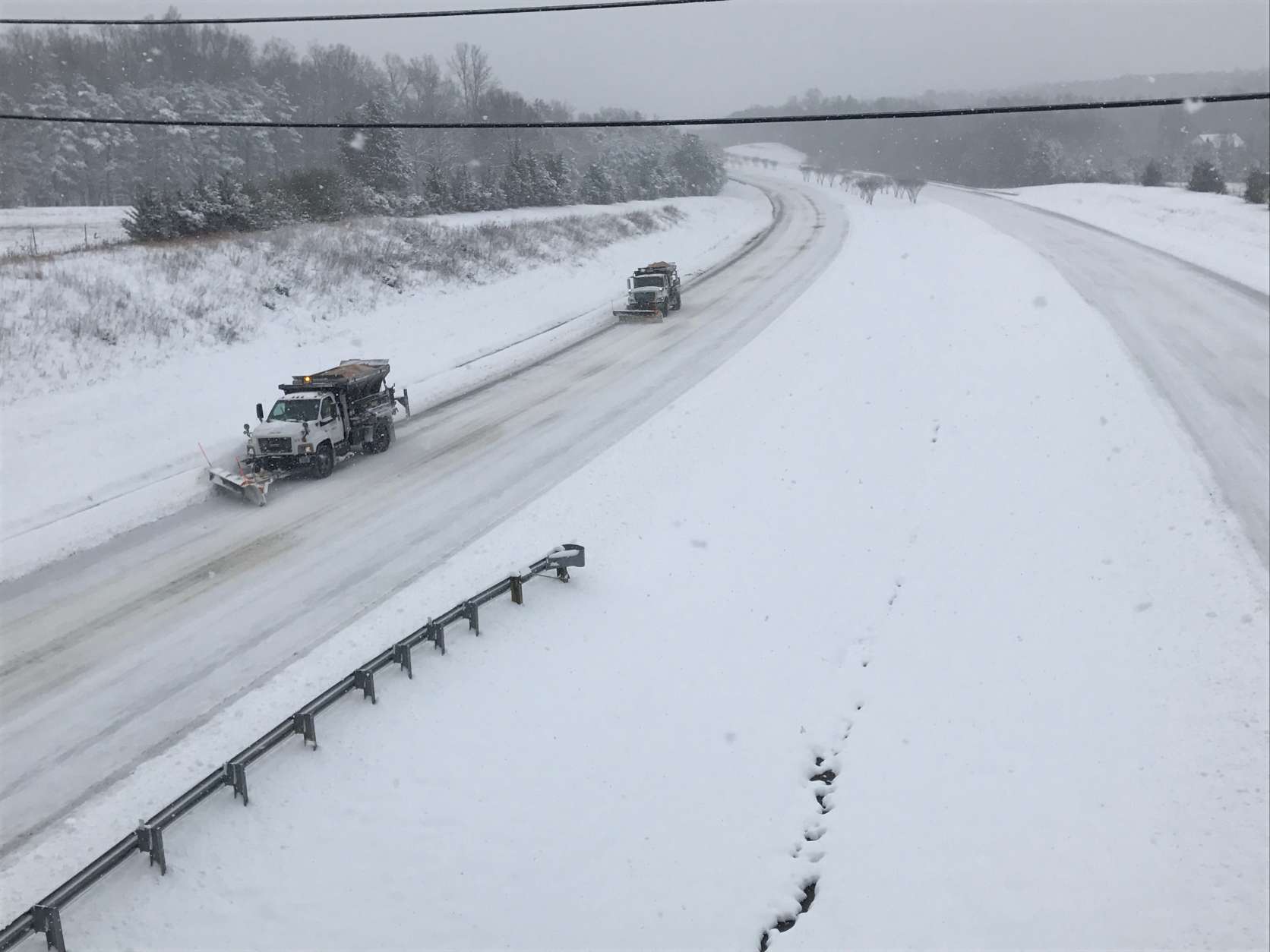 Snow plows tackle Route 27 and 460 Saturday in Appomattox County, Va. (Courtesy Virginia State Police)