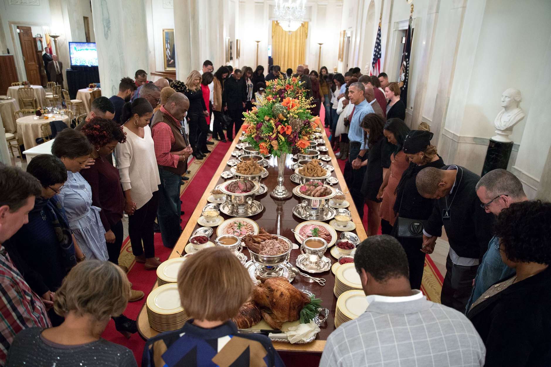 Nov. 24, 2016
“President Obama leads a prayer before hosting Thanksgiving dinner for family and friends on the State Floor of the White House.” (Official White House Photo by Pete Souza)