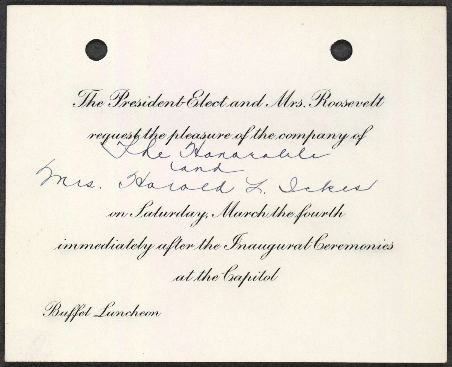 Invitation to White House Luncheon Buffet, March 4, 1933.
