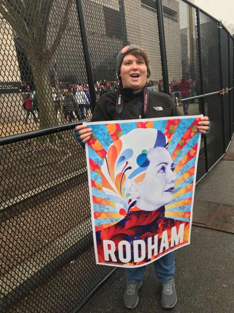 Another march-goer proudly displays a sign featuring Hillary Clinton's face before the Women's March on Washington Saturday, Jan. 21, 2017. (Courtesy Valerie Echeveste)