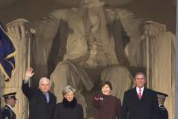 President-elect Bush, right, with wife Laura, and Vice President-elect Dick Cheney and wife Lynne are introduced at the Presidential Inaugural Opening Celebration at the Lincoln Memorial in Washington, Thursday, Jan. 18, 2001. (AP Photo/Charles Rex Arbogast)