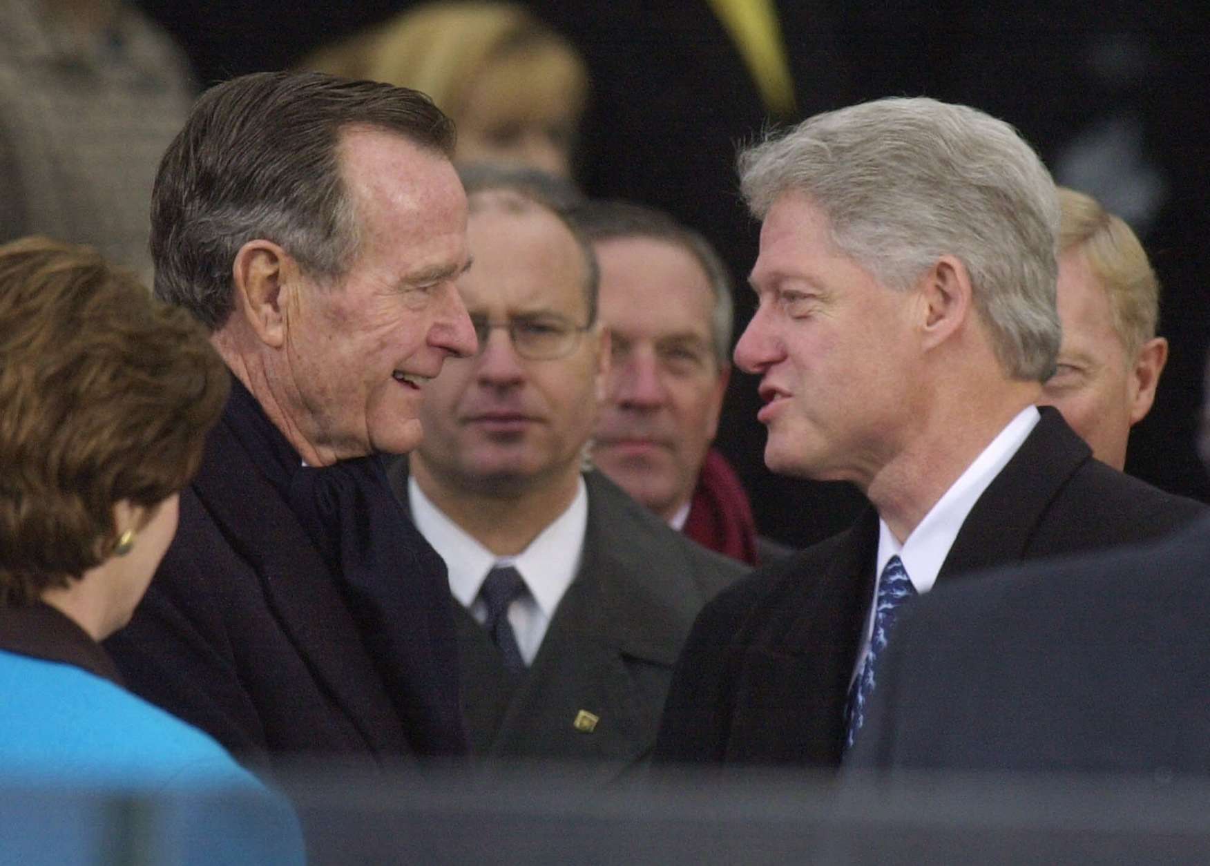 President Clinton is greeted by former President George Bush as he arrives at the U.S. Capitol for inauguration ceremonies Saturday, Jan. 20, 2001, in Washington. (AP Photo/Ron Edmonds)