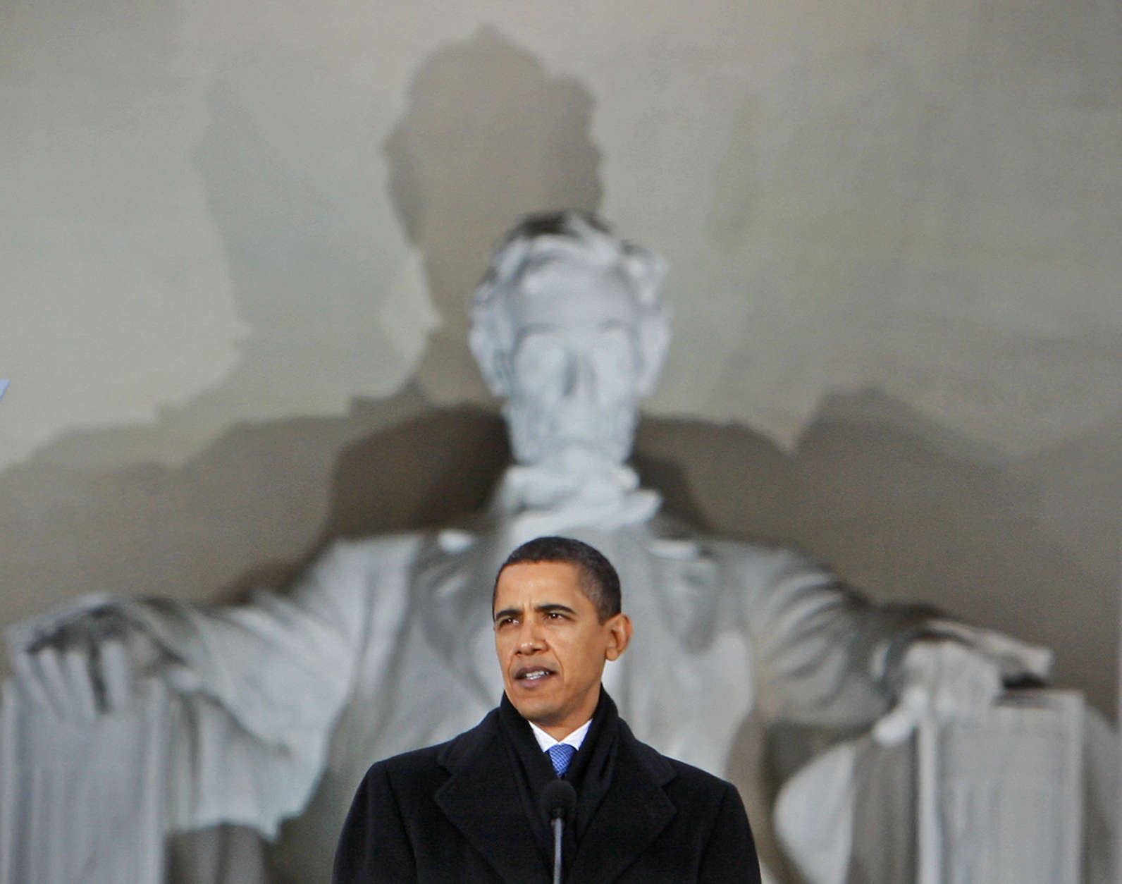 President-elect Barack Obama speaks at the Lincoln Memorial during an inaugural concert in Washington , Sunday, Jan. 18, 2009. (AP Photo/Charles Dharapak)
